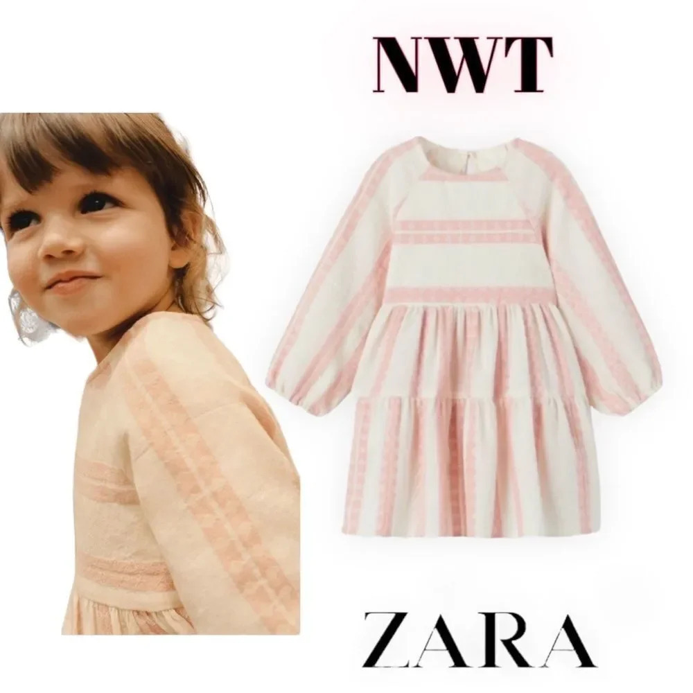 ZARA Kids | Cream and Pink | STRIPED DRESS WITH TEXTURED DETAIL